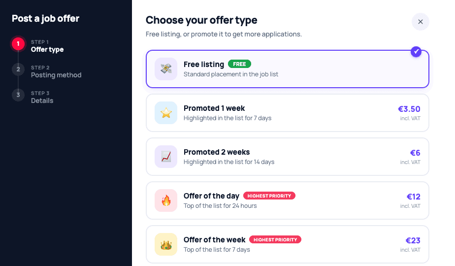 The Jober job-posting wizard - choosing the offer type